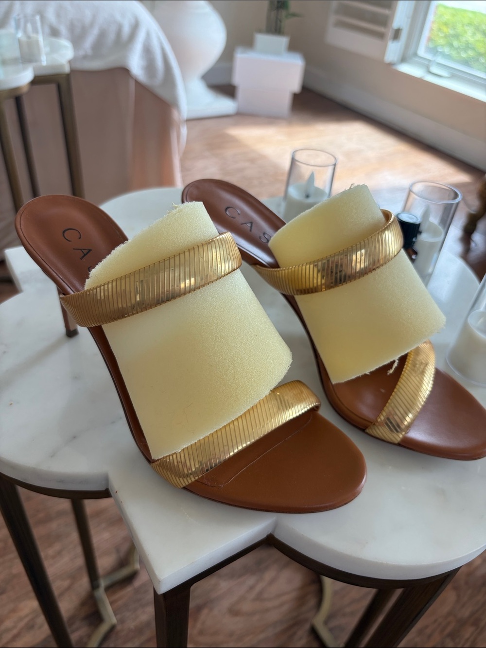 Casadei Cream and Gold Leather Slide Heels